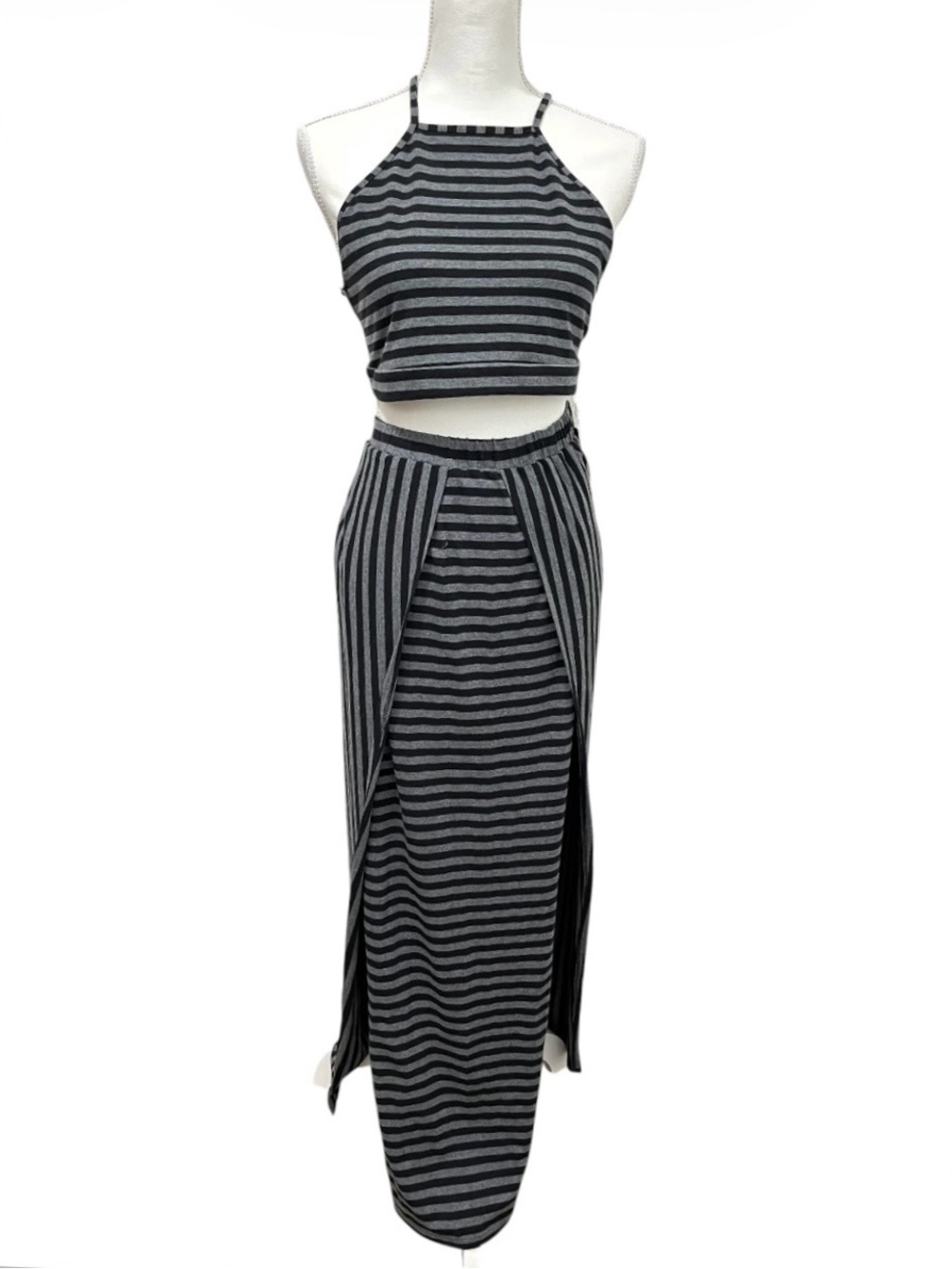 NWT Sabo Skirt Set - Striped Grey and Black Maxi Skirt With Halter Top